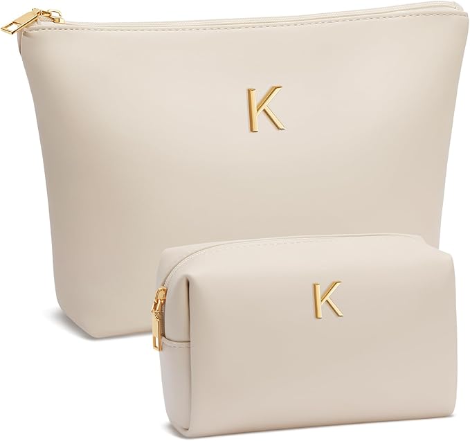 Women Gifts | Initial Makeup Bag Set for Girl Personalized Gifts for Bridesmaid Friend Graduation Teachers PU Leather Cosmetic Travel Toiletry Bag(Beige,K)