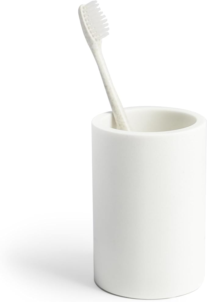 White Resin Bathroom Tumbler Cup - White Toothbrush Holder, 4x2.75 Inch, 12oz Capacity, Minimalist Vanity Countertop Organizer