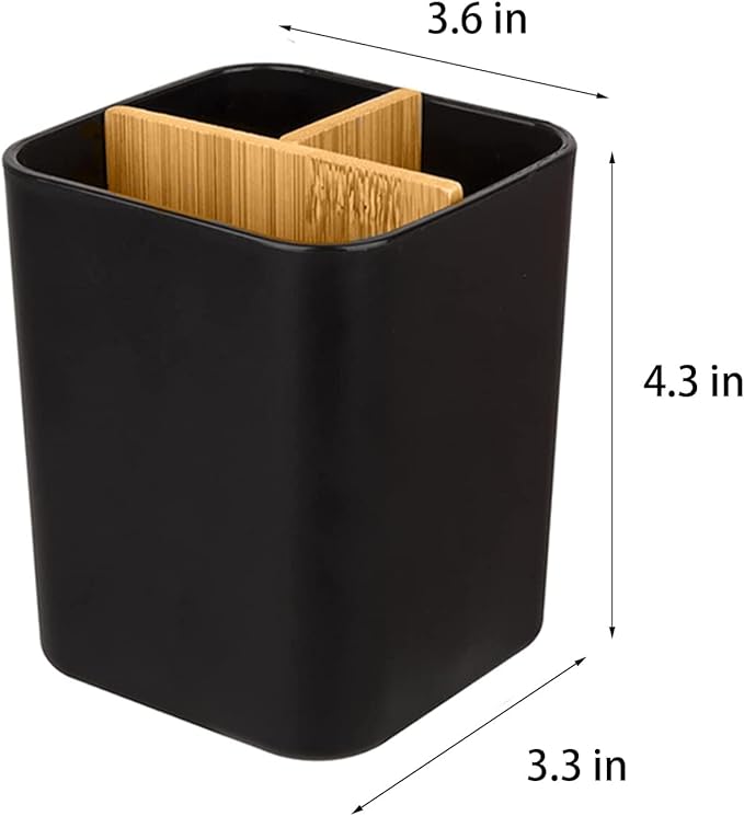 Bamboo Toothbrush Holder for Bathrooms, 3 Slots Toothbrush and Toothpaste Holder Bathroom Counter Organizer for Electric Toothbrushes, Floss, Razors, 2 Pack, Black