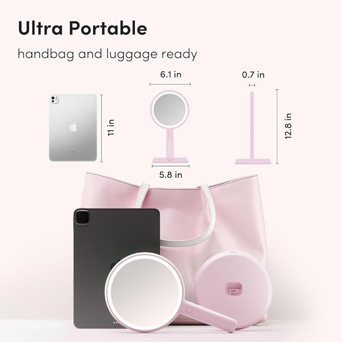 Fancii Cami Handheld Travel Makeup Mirror with Lights, Rechargeable, Extra Large, Double Sided 5X / 1X Magnifying Mirror - 3 Color Lighting, Handheld or Vanity (Strawberry Cream)