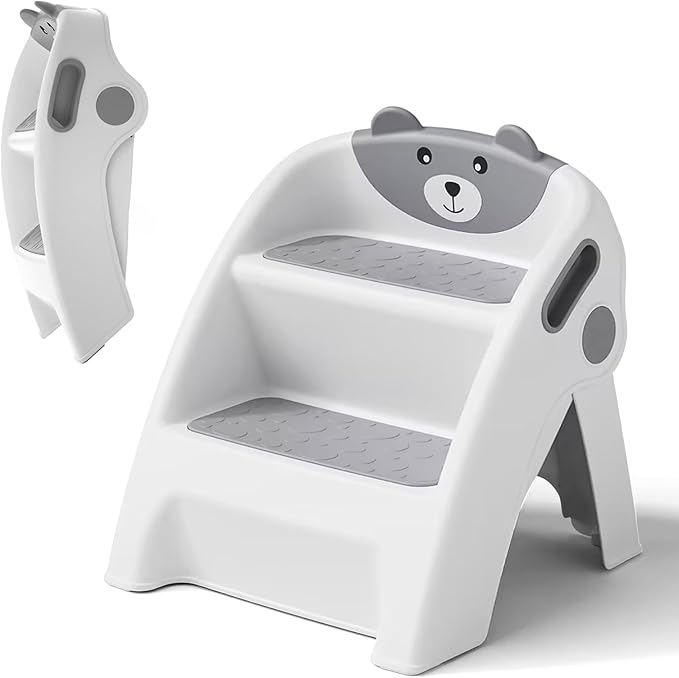Toddler Step Stool Foldable 2 Step Stool for Kids Collapsible Stool Anti-Slip Stepping Stool for Bathroom Sink Potty Toilet Toddler Kitchen Helper (Grey)