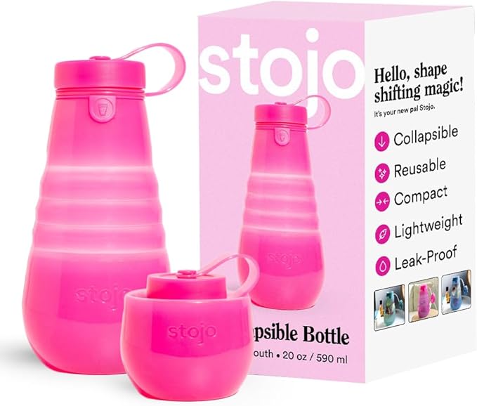 STOJO Collapsible Sports Water Bottle - Leak-Proof Reusable Silicone Travel Cup for Hot & Cold Drinks - Microwave & Dishwasher Safe - AS SEEN ON TODAY SHOW - Parent (Translucent Hot Pink)