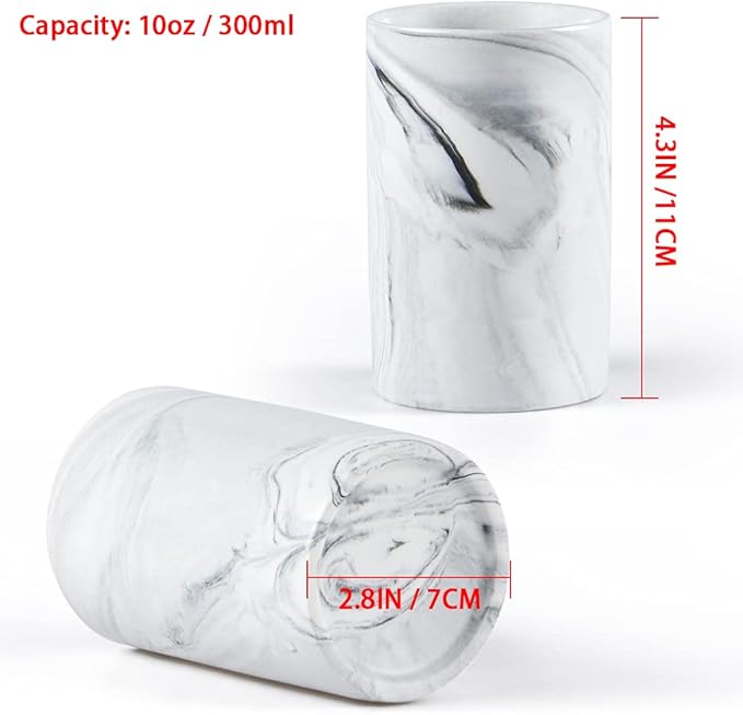 Bathroom Tumbler Cup, Ceramic Toothbrush Holder Stand for Mouthwash Rinsing, Toothpaste, Pen, Makeup Brush, Teaspoon Organizer, 10oz / 300ml (Marble Pattern)