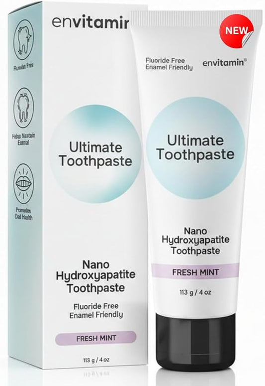 Fluoride Free Nano Hydroxyapatite Ultimate Toothpaste for Remineralizing Enamel & Sensitive Relief, Whitening, Antiplaque, SLS Free, Fresh Mint, 4 oz (1 Tube, Fresh Mint)