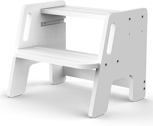 Toddler Step Stool, Wooden Height-Adjustable 2-Step Stool for Kids, Potty Training Stool with Handles for Bathroom Sink, Kitchen, Bedroom-White