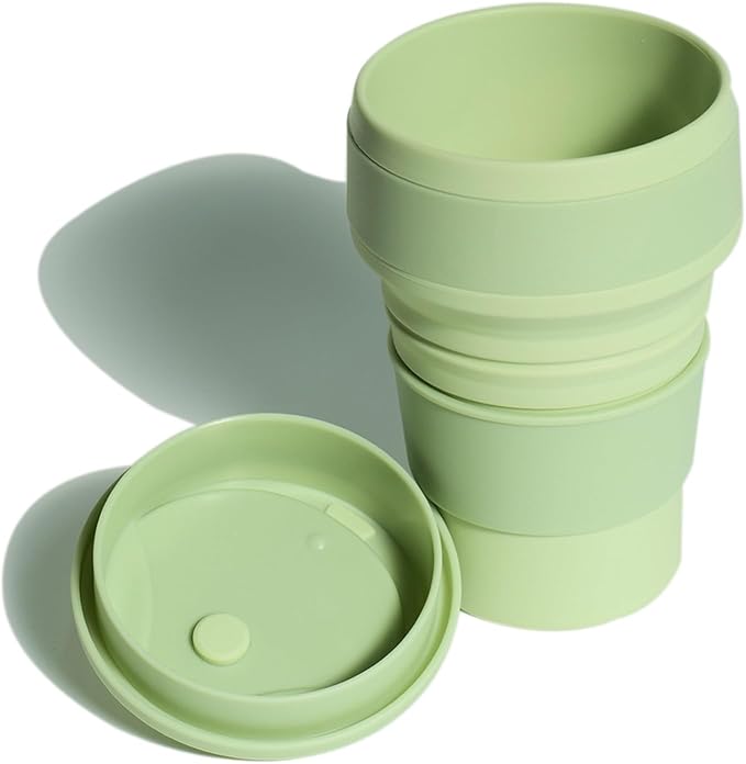 Collapsible Cup for Traveling, 12Oz Collapsible Silicone Travel Cup for Hot and Cold Drinks, Leak Proof Reusable Folding Travel Coffee Mug for Camping & Hiking, Green