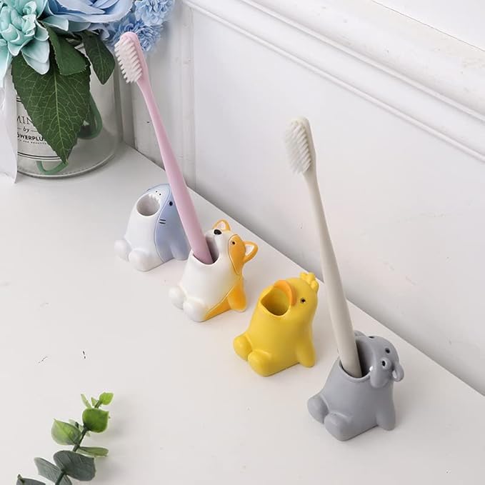 Cartoon Animal Toothbrush Holder Stand - Adorable Bathroom Organizer with Animal-Shaped Base, Cute Toothbrush Storage for Kids & Family, Drip-Free Countertop/Sink Organizer for Bathroom Decor (White)
