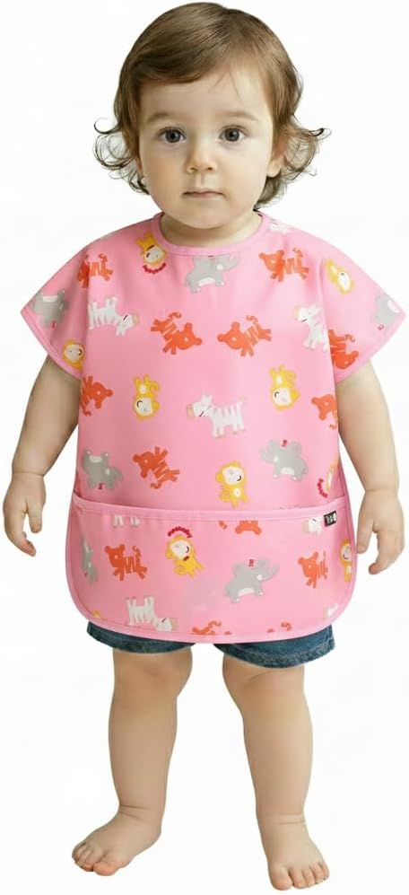Short Sleeve Waterproof Bib for Toddlers – Easy Clean Feeding Apron for Mealtime, Daycare, Self-Feeding, Lightweight