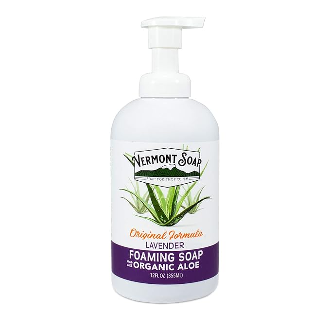 VERMONT SOAP Organic Lavender Foaming Hand Soap - Natural Moisturizing Soap for Dry Skin - Fragrance Free Liquid Bathroom Hand Soap Dispenser - Lavender - 12 oz