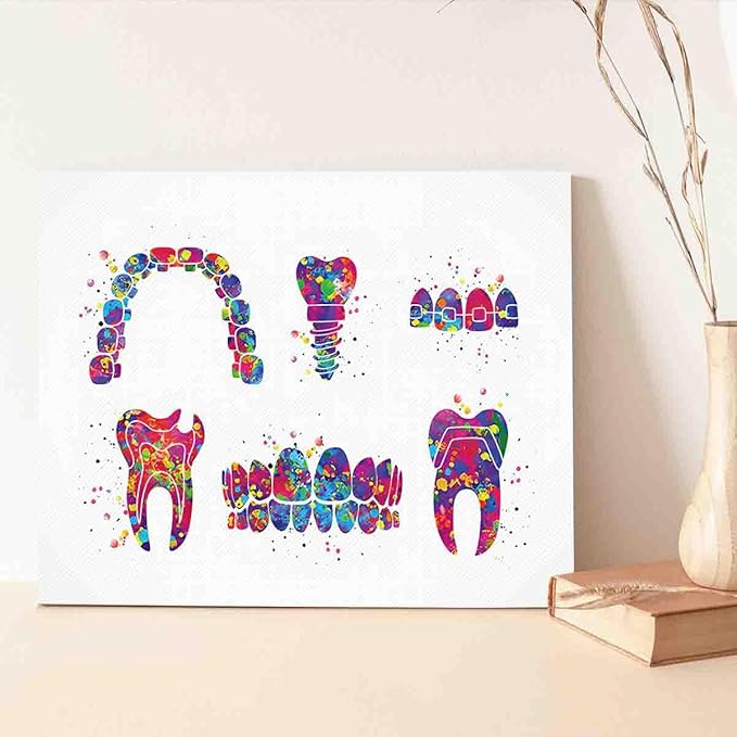 MBARE Watercolor Wall Art Decor,Dentist Art Watercolor Print Tooth Teeth Dental Office Clinic Dentistry Dental Implant Orthodontic Orthodontist Teeth Braces~-12"X18" Canvas Print With Frame