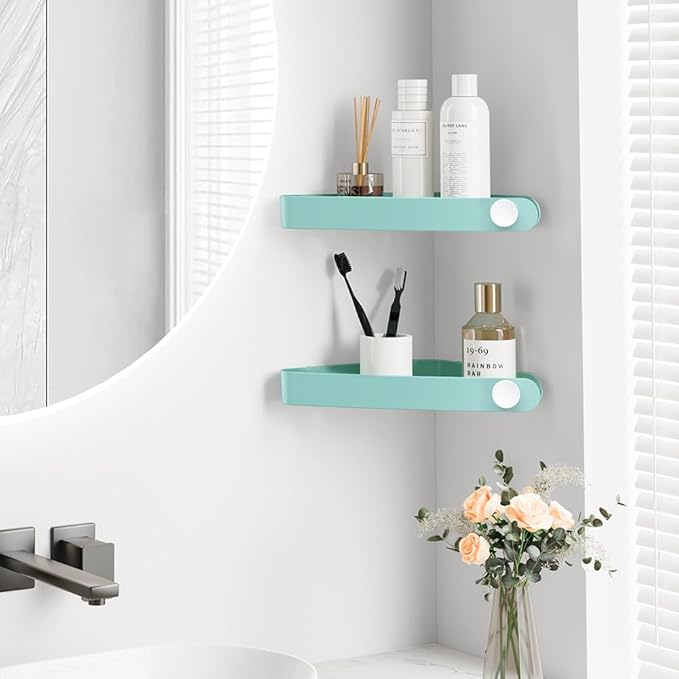 Sotfamily Shower Caddy Corner, 2 Pack Adhesive Corner Shower Shelves for Bathroom Organizers and Storage, Rust Free Plastic Rack for Bathroom Accessories & Decor, Turquoise