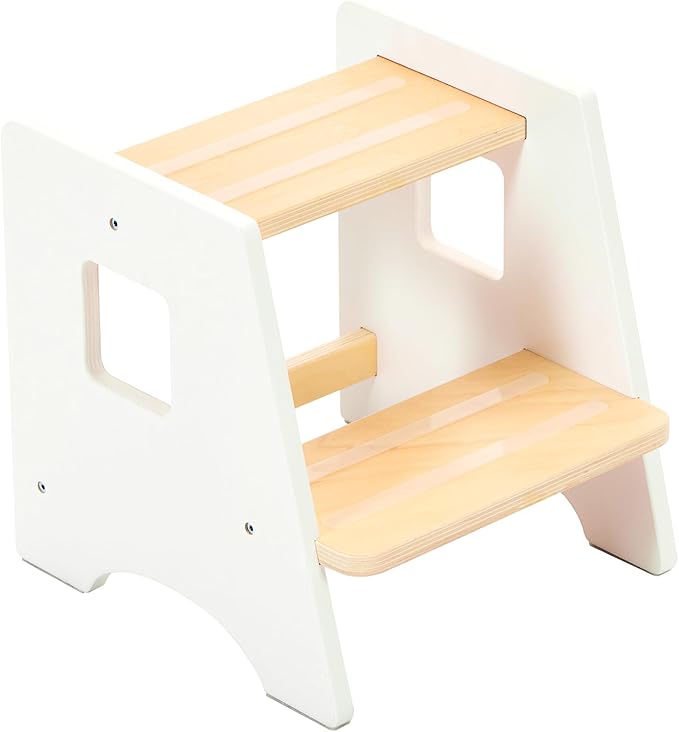 WOOD CITY Toddler Step Stool-Wooden 2 Step Stools for Bathroom Sink Potty Training Kitchen Stool Helper for Kids Bonus Non-Slip Pads and Handles for Safety White