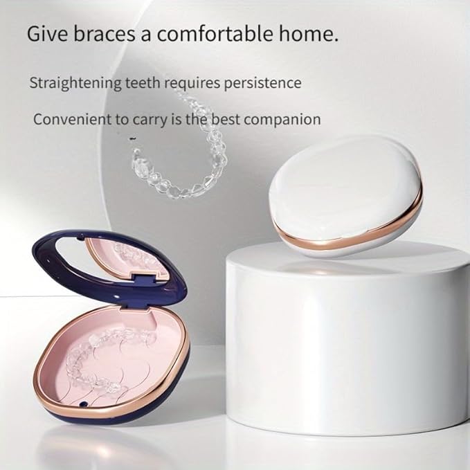 Denture Case with Mirror, Portable Retainer Case for Braces, Mouth Guards, Orthodontic Retainers, Compact, Stylish, and Travel-Friendly Denture Box (Navy blue)