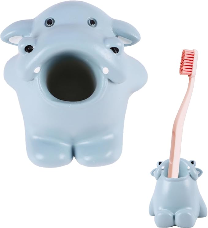 Cute Animal Toothbrush Holder - Hippo Pen Pencil Holder,Mini Resin Freestanding Storage Base for Box Pen Brush Toothpick Desktop Storage Container, Washroom Office Organizer Accessories (Hippo)