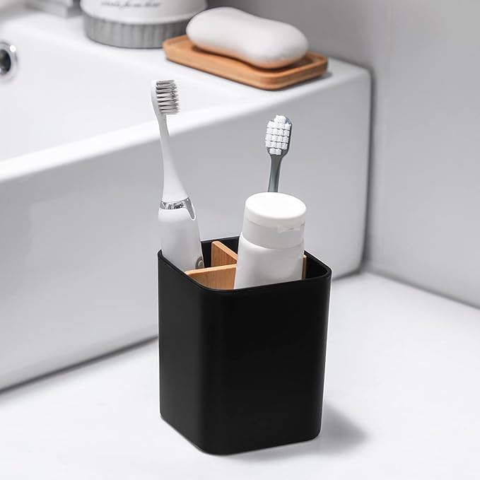 Bamboo Toothbrush Holder for Bathrooms, 3 Slots Toothbrush and Toothpaste Holder Bathroom Counter Organizer for Electric Toothbrushes, Floss, Razors, 2 Pack, Black