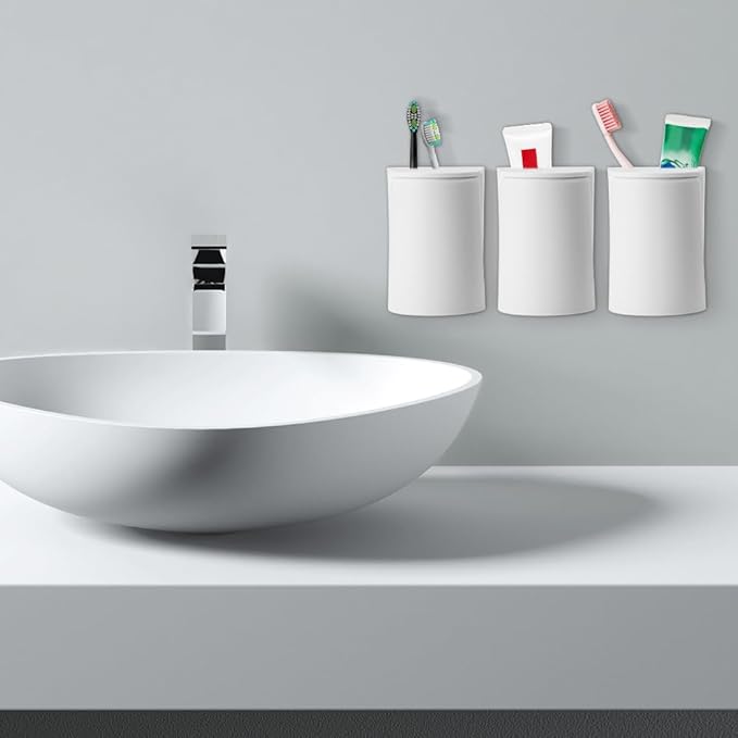3 Pcs Toothbrush Holder Wall Mounted with Cup, 2-in-1 Toothbrush Holders for Bathroom, Hanging Toothbrush Cup Holder Without Drilling, Magnetic Space-Saving Toothbrush Organizer for Family (3Pcs)