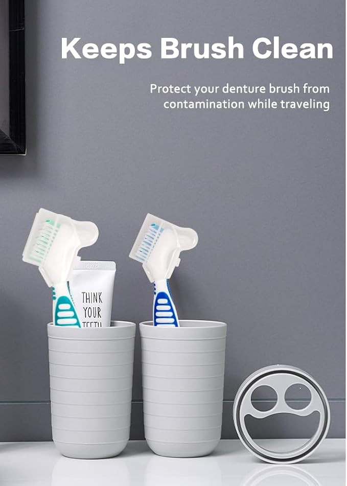 Denture Cleaning Brush Set with Dustproof Denture Brush Holder - Denture Brush Toothbrush Set for Denture Cleaning Care - Multi-Layered Bristles & Ergonomic Rubber Handle (Blue & Green)