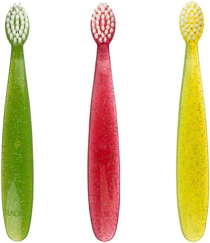 RADIUS Children's Toothbrush, Totz Brush, Extra Soft Bristles, Green/Coral/Yellow, BPA Free & ADA Accepted, Designed for Delicate Teeth & Gums for Children 18 Months & Up, Pack of 3