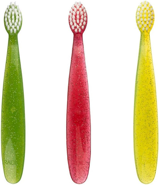 RADIUS Children's Toothbrush, Totz Brush, Extra Soft Bristles, Green/Coral/Yellow, BPA Free & ADA Accepted, Designed for Delicate Teeth & Gums for Children 18 Months & Up, Pack of 3