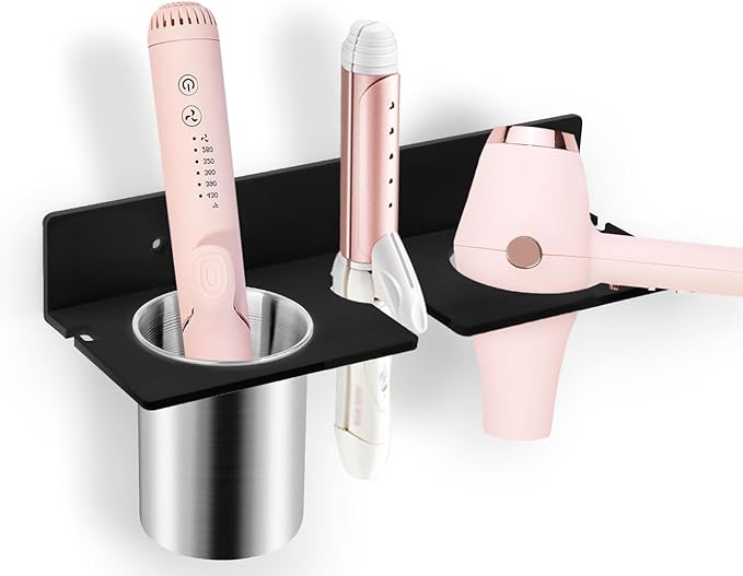 Hair Tool Organizer, Hair Dryer Holder with Heatproof Steel Cups, Acrylic Vanity Organizer for Curling Iron, Flat Iron & Hair Brushes, Perfect for Bathroom (Black, Compact)
