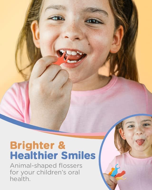 Piico Unflavored Kids Floss - No Fluoride Dual Line Dental Floss Picks - Fun Oral Care in Colorful Floss Sticks Design - Flossers Prevent Tooth Decay & Gum Disease - 300 Playground Zoo & Travel Case