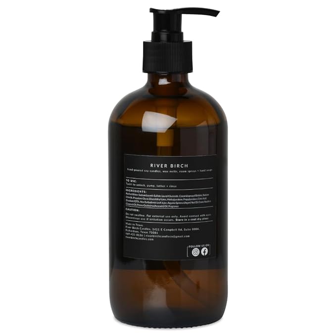 River Birch Sea Salt + Citrus Scented Natural Hand Soap - Handmade Soap - Moisturizing Hand Wash with Amber Glass Dispenser - Luxury Scented and Hydrating - Vegan and Non-Toxic - 16 Fl Oz