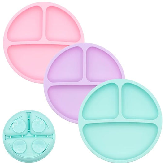 WeeSprout Suction Plates for Babies & Toddlers - 100% Silicone, Dinnerware Stays Put, Divided Design for Picky Eaters, Microwave & Dishwasher Friendly, 3 Pack