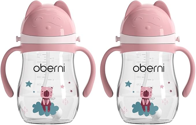 No Spill Sippy Cups, Double Sealing Leakproof Water Bottle with Weighted Straw and Non-Slip Handle for Toddler 1-3 Years, Tritan Baby Cups 12+ Months, 270ml/9oz (2Pack,Pink)