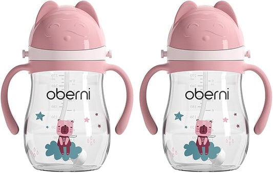 No Spill Sippy Cups, Double Sealing Leakproof Water Bottle with Weighted Straw and Non-Slip Handle for Toddler 1-3 Years, Tritan Baby Cups 12+ Months, 270ml/9oz (2Pack,Pink)