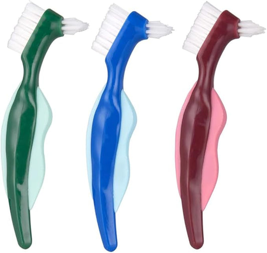 3pcs Double-Headed Denture Cleaning Brush Hard-bristled False Teeth Toothbrushes for Denture Care and Oral Red Green Blue