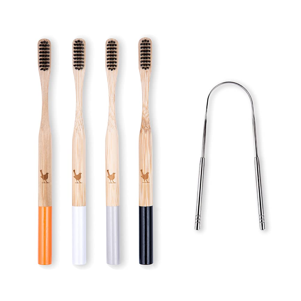 Bamboo Toothbrush with Soft Charcoal Infused Bristles, New Set of 4 Eco Friendly Toothbrushes, BPA Free and Tongue Scraper