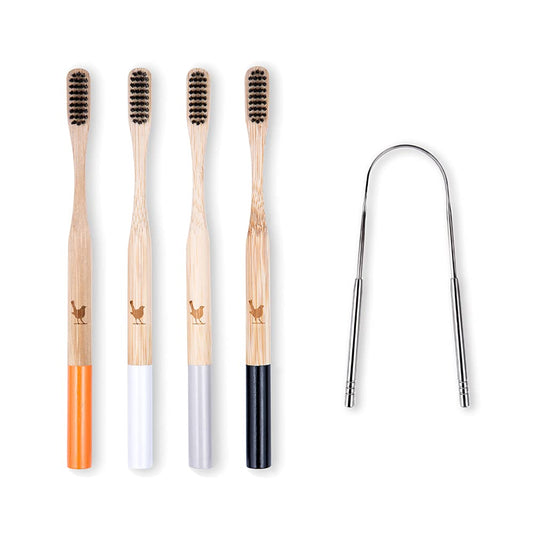 Bamboo Toothbrush with Soft Charcoal Infused Bristles, New Set of 4 Eco Friendly Toothbrushes, BPA Free and Tongue Scraper