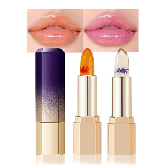 BINGBRUSH 2Pcs PH Color Changing Lipstick – Jelly Flower Lip Balm, Temperature-Activated Moisturizing Lip Tint, Long-Lasting Crystal Clear Lipstick for Women, Natural Glow & Hydration(#01+#02)