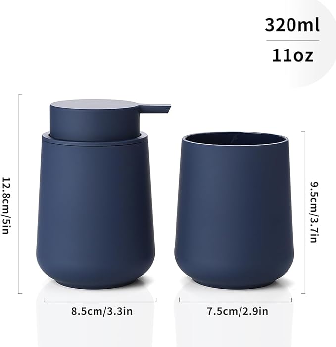 Matte Navy Blue Bathroom Accessories 2 Piece Set Plastic Soap Dispenser and Toothbrush Holder for Modern Bathroom Decor