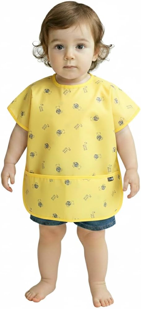 Short Sleeve Waterproof Bib for Toddlers – Easy Clean Feeding Apron for Mealtime, Daycare, Self-Feeding, Lightweight