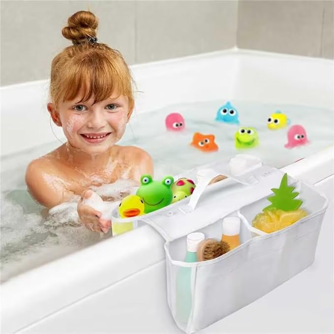 Bath Toy Storage Holder - Baby Bathtub Toys Organizer, Bathroom Bath Tub Mesh Sorting Net with 4 Compartments and Suction Cup, Double-pocket Shower Storage Quick-Drying Bag for Kids Toddlers