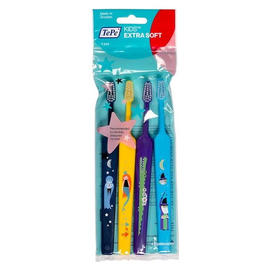 TePe Kids Toothbrush, Extra Soft Kid and Toddler Toothbrush for Ages 3+, 4 Pack