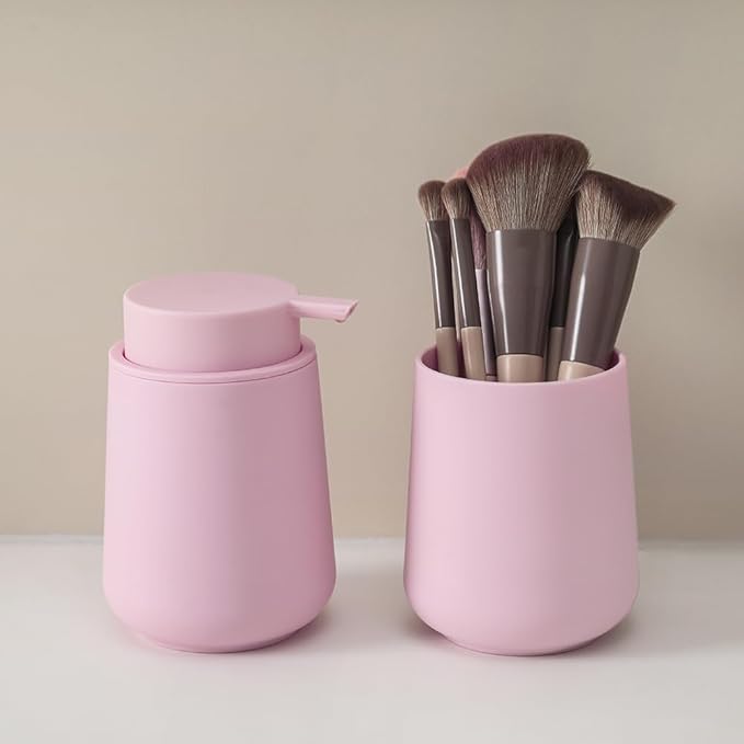Matte Pink Bathroom Accessories 2 Piece Set Plastic Soap Dispenser and Toothbrush Holder for Modern Bathroom Decor