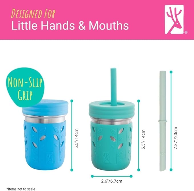 Elk and Friends 14oz Stainless Steel Kids + Toddler Drinking Cups | The Original Mason Jar with Sleeves + Lids | Silicone Straws | Smoothies | Storage Jar | Spill Resistant | Dishwasher Safe | 4 Pack