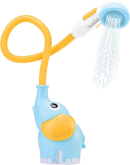Yookidoo Baby Bath Shower Head - Elephant Water Pump with Trunk Spout Rinser - Control Water Flow from 2 Knobs for Maximum Fun in Tub or Sink for Newborn Babies (Blue and Orange)