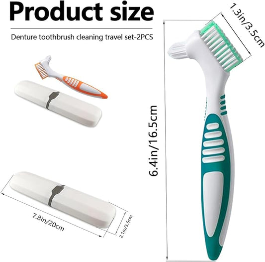 Denture Toothbrush Set, Portable Dual Head Denture Brush with Cover Case, Denture Cleaning Tool Set for Travel, Home and Camping, Dental Cleaning Brush Set for Denture Care False Teeth Cleaner Tool