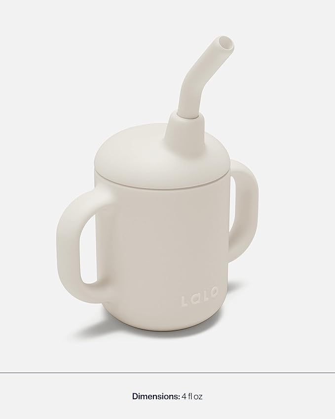 Lalo Little Cup 2-Pack, Non-Toxic Silicone Straw Cup with Handles - Baby and Toddler Sippy Cup - Mini Cup and Straw Training System, 4oz, Oatmeal