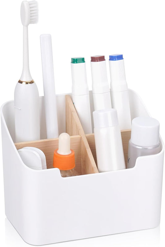 Toothbrush Holders for Bathrooms,Electric Toothbrush and Toothpaste Holder with Divider for Bathroom Countertop Organizer,Toothbrush Caddy for Kids Family Counter Vanity Storage White