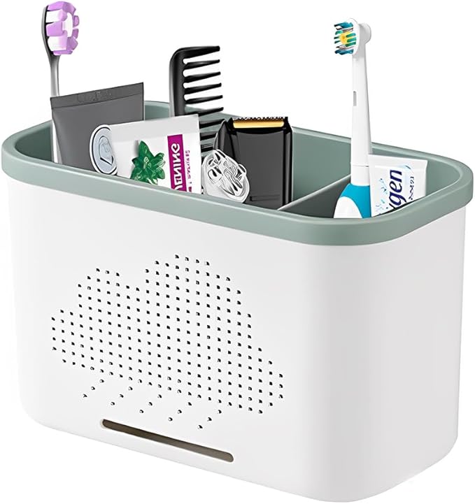 3 Slots Toothbrush Holder and Toothpaste Holder with Drain Hole, Detachable Easy Cleaning Multi-Functional Organizer Caddy Storage for Bathroom Vanity Sink Kitchen (White+Green 3 compartments)