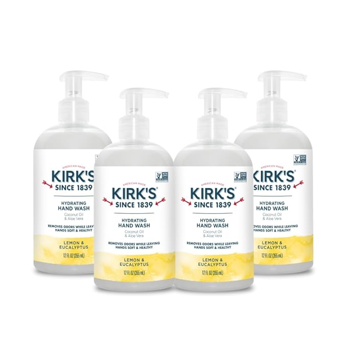 Kirk's Hydrating Hand Wash - Made with Coconut Oil and Aloe Vera, With Odor Neutralizing Technology To Help Eliminate Odors, Non-GMO, Vegan, Lemon & Eucalyptus, 12 Fl Oz. 4 pack