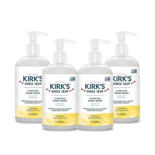 Kirk's Hydrating Hand Wash - Made with Coconut Oil and Aloe Vera, With Odor Neutralizing Technology To Help Eliminate Odors, Non-GMO, Vegan, Lemon & Eucalyptus, 12 Fl Oz. 4 pack