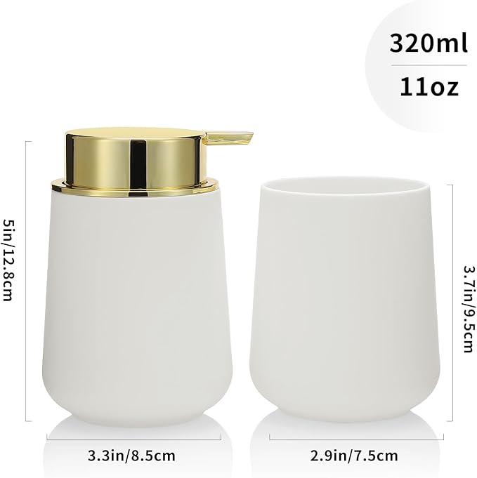 White and Gold Bathroom Accessories 2 Piece Set Luxury Matte Plastic Soap Dispenser and Toothbrush Holder for Modern Bathroom Decor