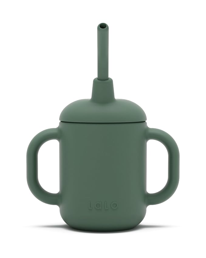 Lalo Little Cup, Non-Toxic Silicone Straw Cup with Handles - Baby and Toddler Sippy Cup - Mini Cup and Straw Training System, 4oz, Olive