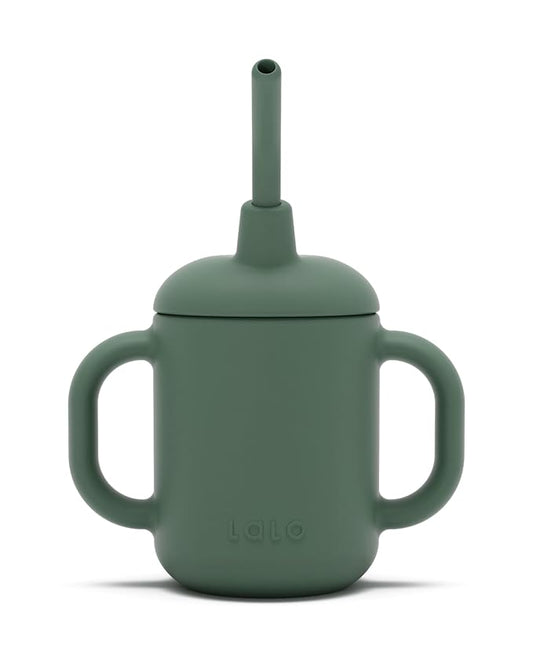 Lalo Little Cup, Non-Toxic Silicone Straw Cup with Handles - Baby and Toddler Sippy Cup - Mini Cup and Straw Training System, 4oz, Olive