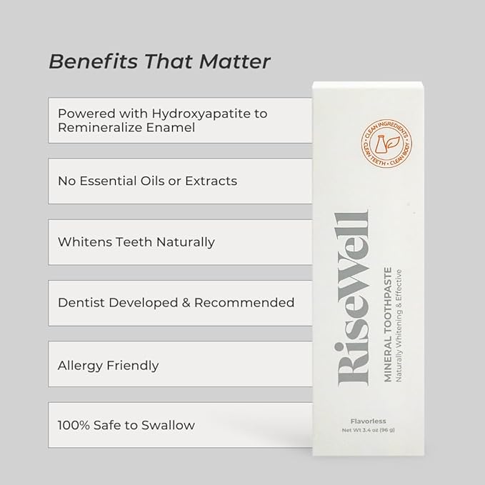 RiseWell Mineral Unflavored Toothpaste - Hydroxyapatite Flavorless Toothpaste - Made in The USA, Sensitive Teeth Whitening, No Added Fluoride, SLS-Free - Made by Dentists, 3.4 Oz (Pack of 2)